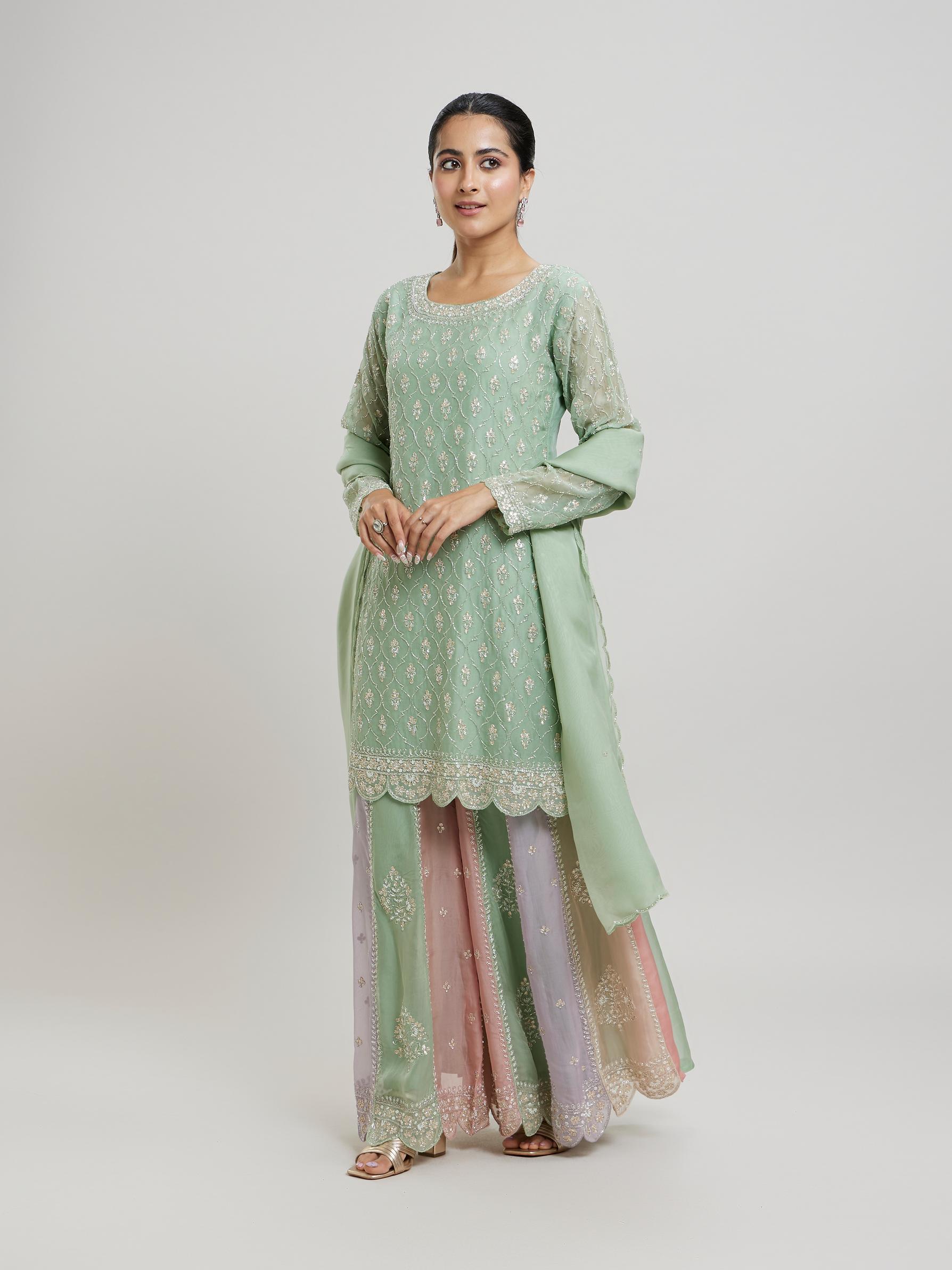 Twamev Women Gracious Pista Green Stitched Suit