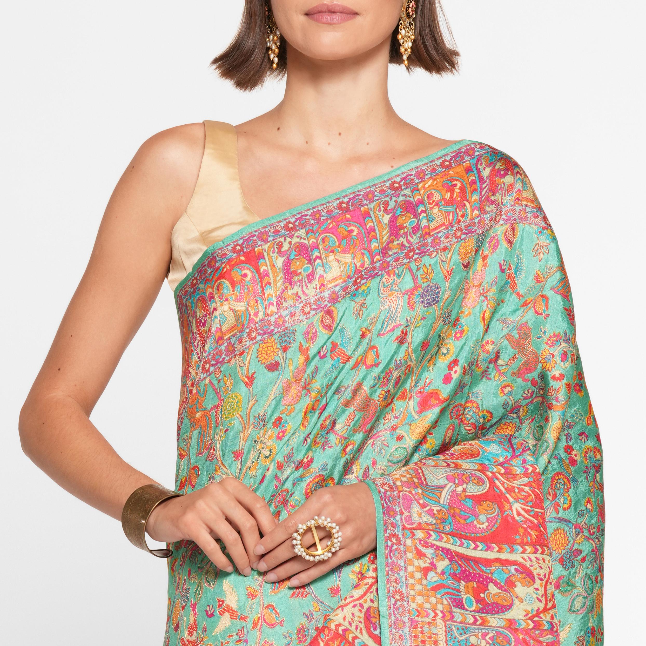 Twamev Women Emerald Sea Green Saree