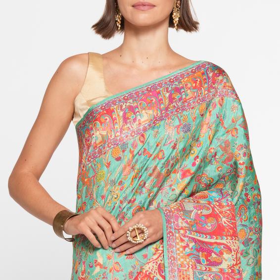 Twamev Women Emerald Sea Green Saree
