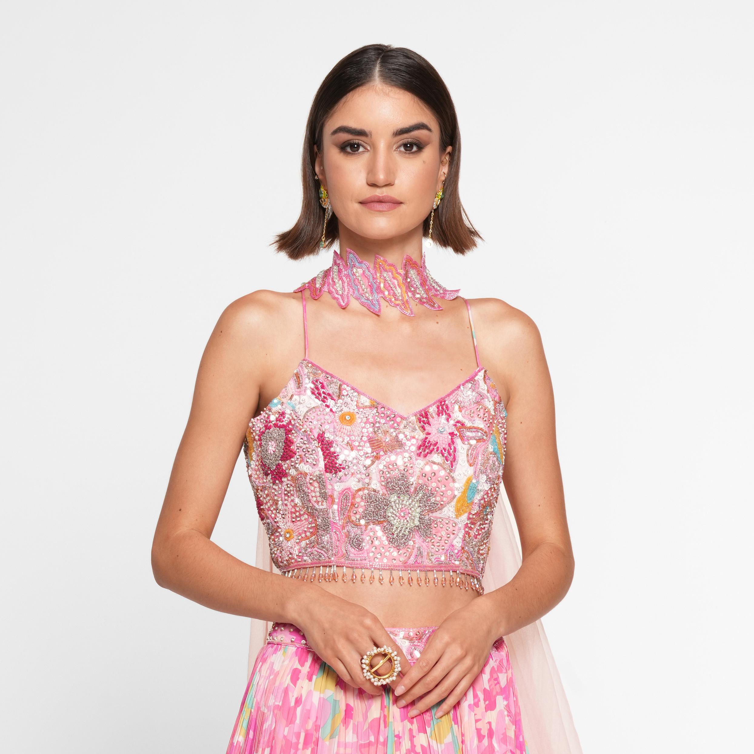 Twamev Women Ethereal Pink Chinon Skirt Top Ensemble