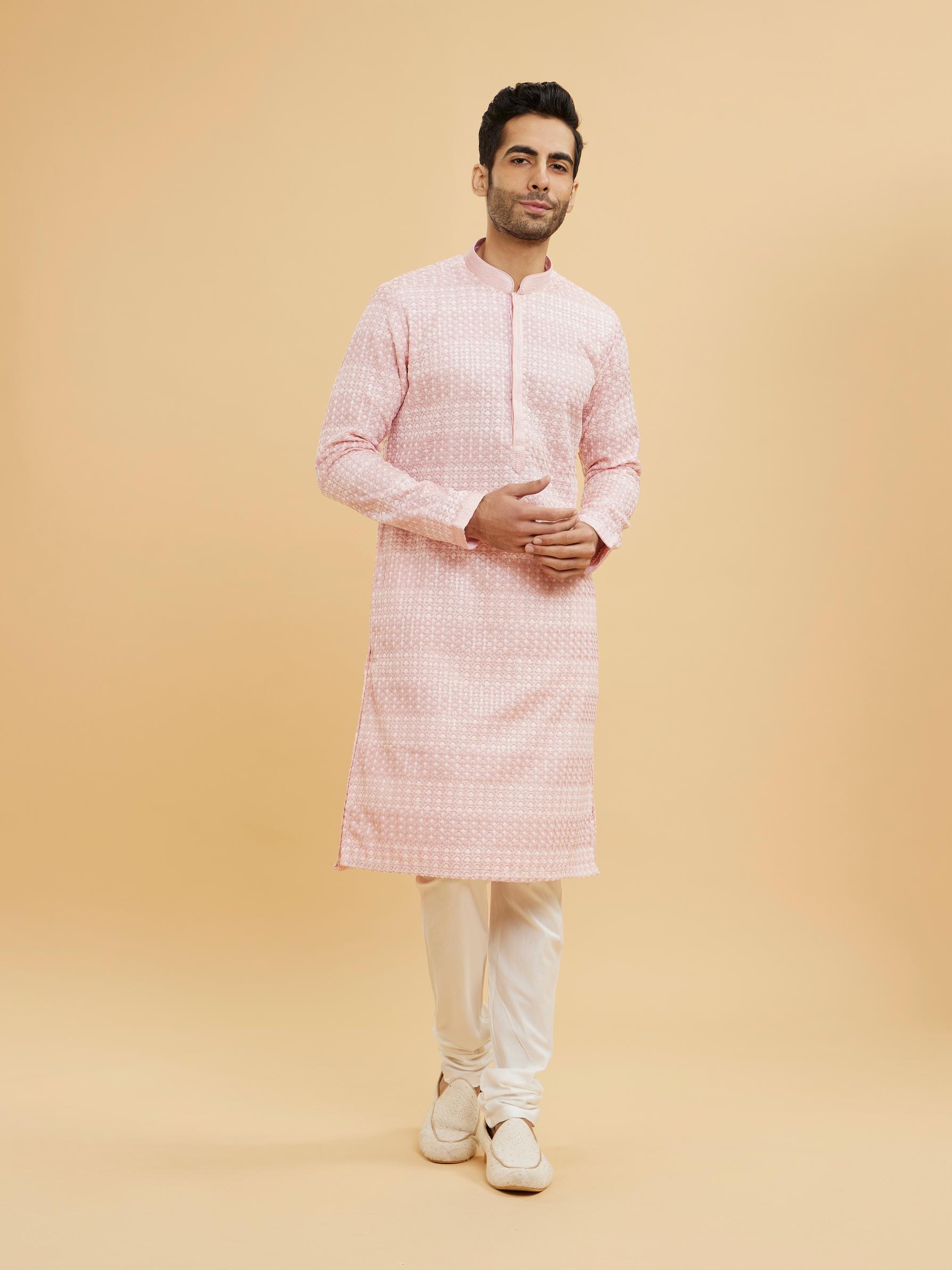 Twamev Men Millennial Pink Chikankari Grid Patterned Kurta Set