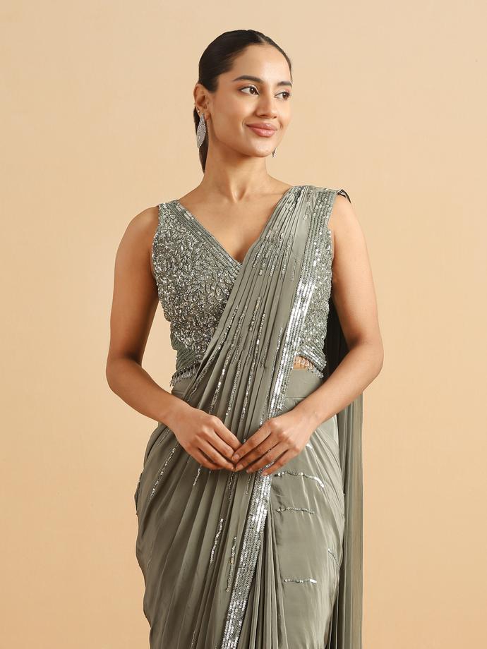 Twamev Women Sea Green Satin Party Saree