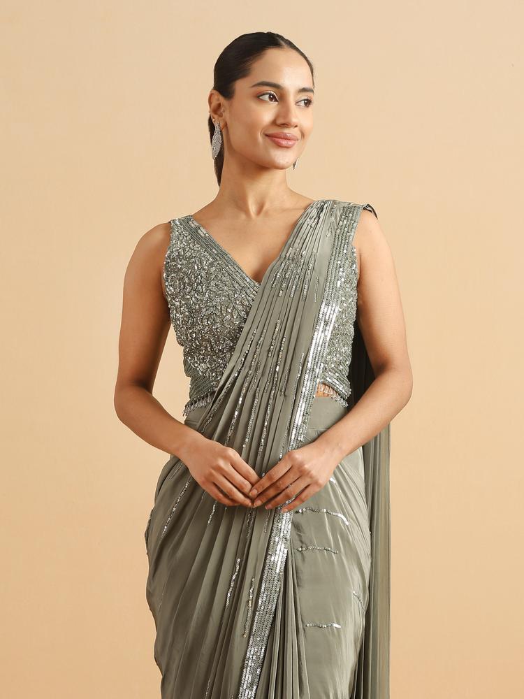 Twamev Women Sea Green Satin Party Saree