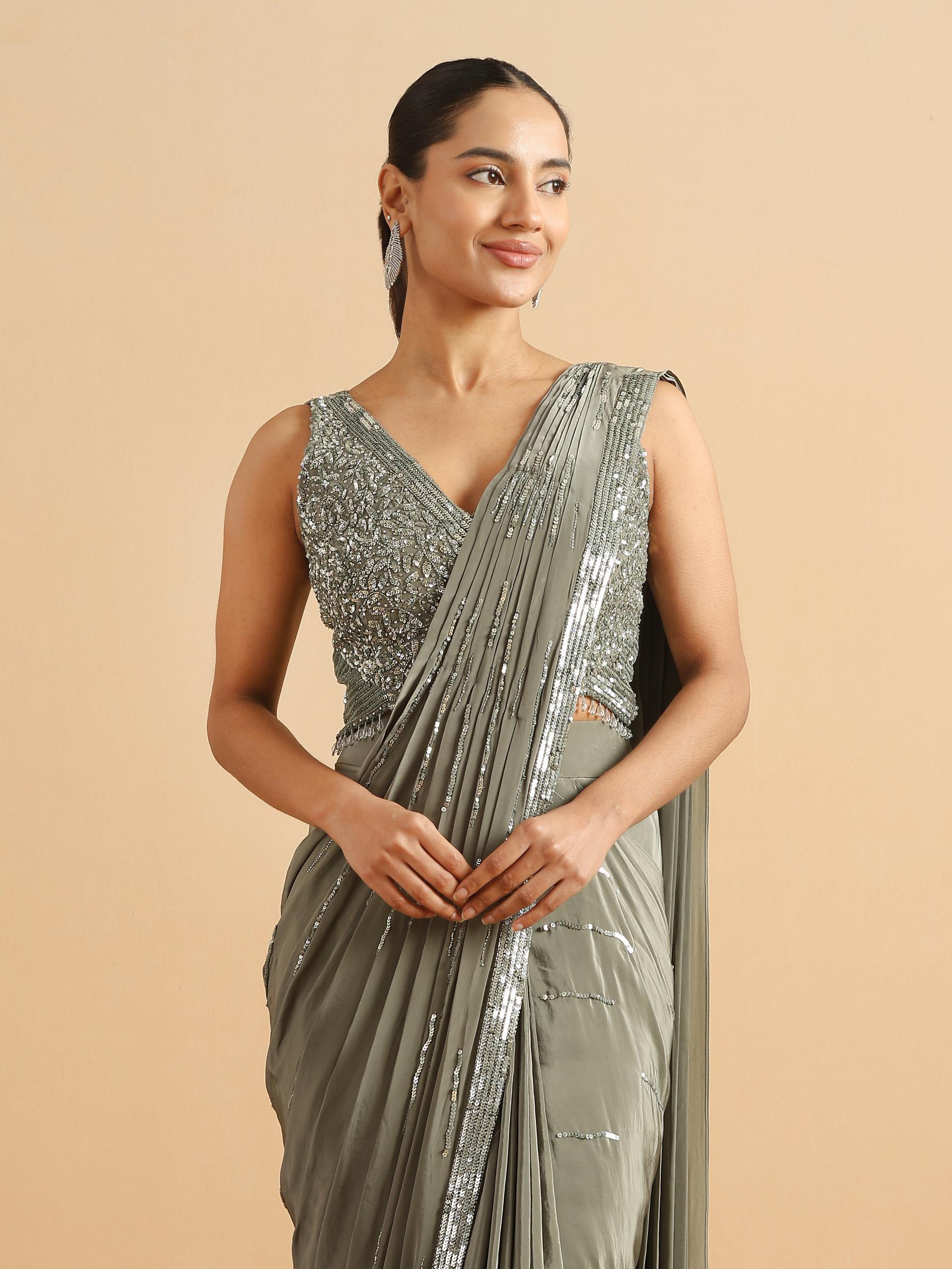 Twamev Women Sea Green Satin Party Saree