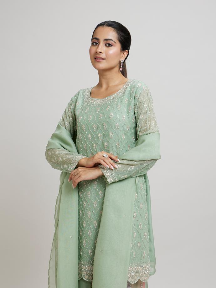 Twamev Women Gracious Pista Green Stitched Suit