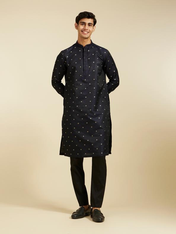 Diwas Men Indigo Blue Grid Patterned Kurta with Floral Embroidery
