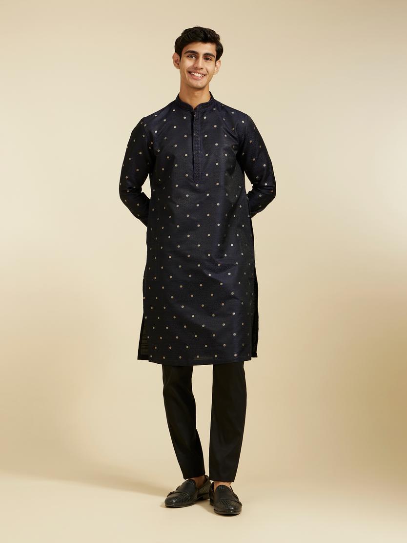 Diwas Men Indigo Blue Grid Patterned Kurta with Floral Embroidery