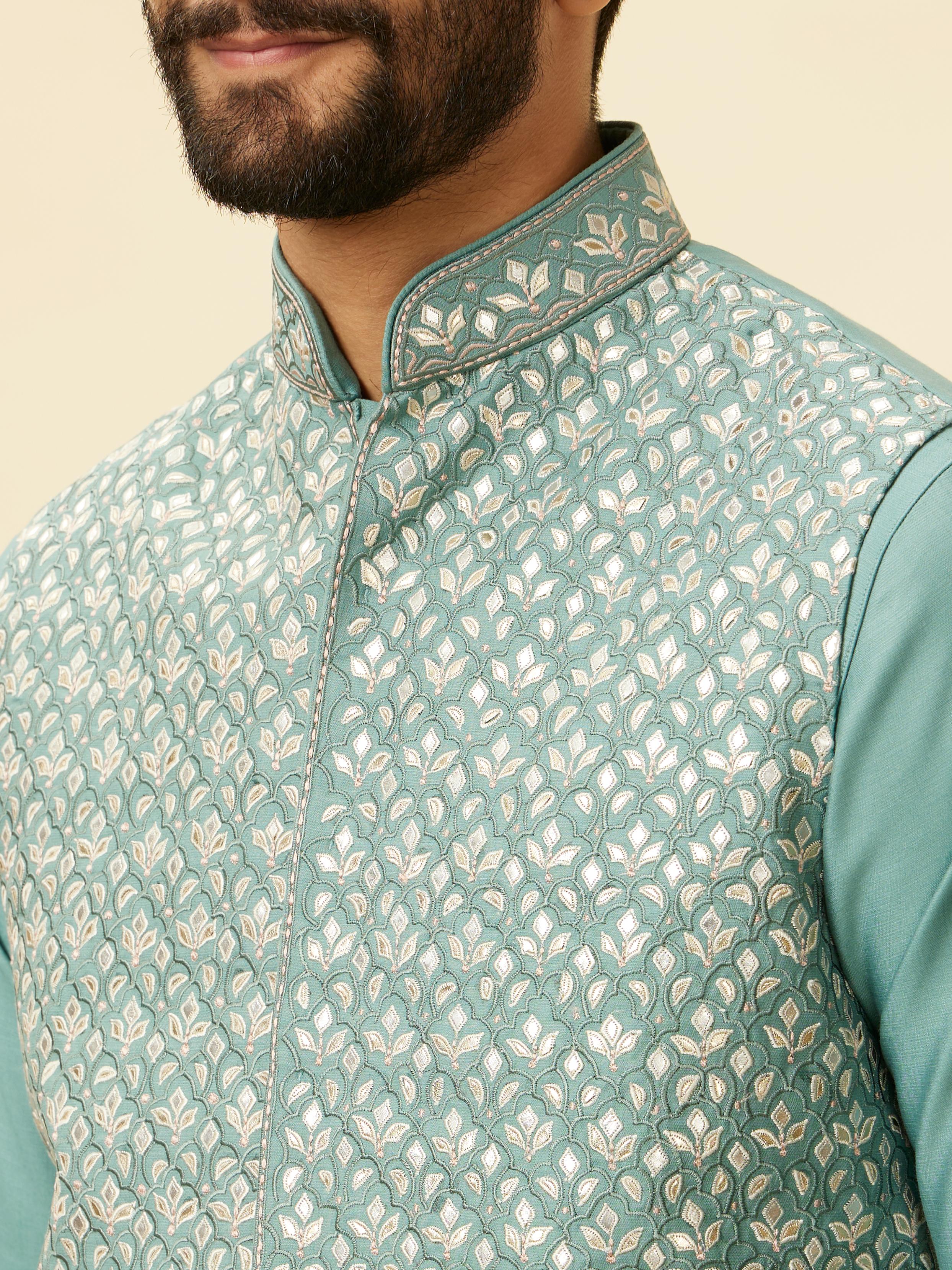 Twamev Men Mid Blue Floral Blue Patterned Kurta Jacket Set