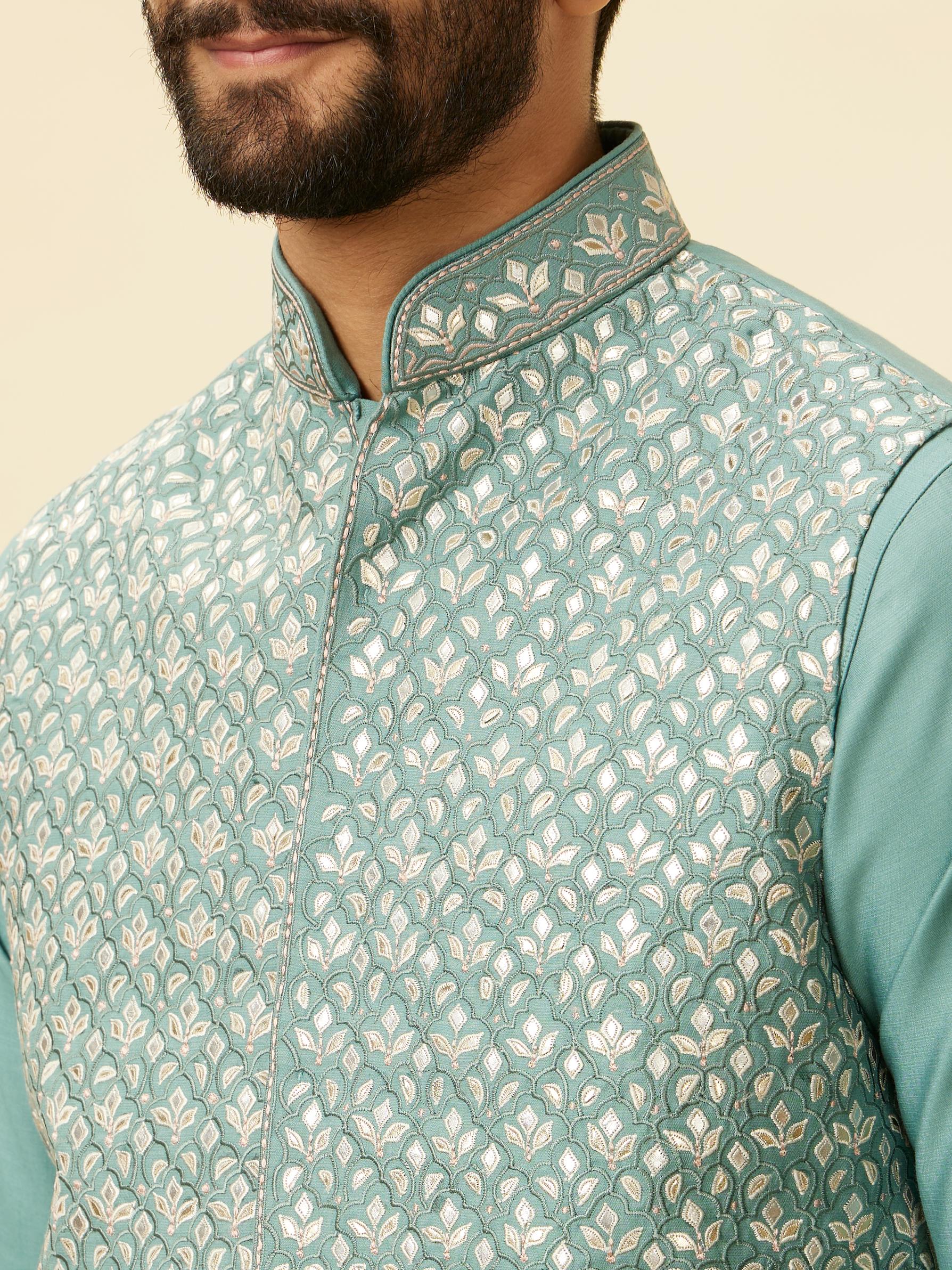 Twamev Men Mid Blue Floral Blue Patterned Kurta Jacket Set