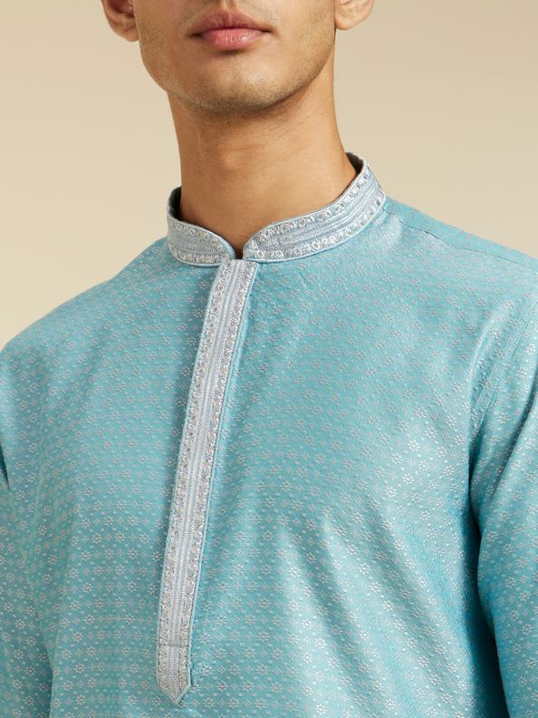 Diwas Men Powder Blue Floral Buta Patterned Kurta with Sequinned Neckline