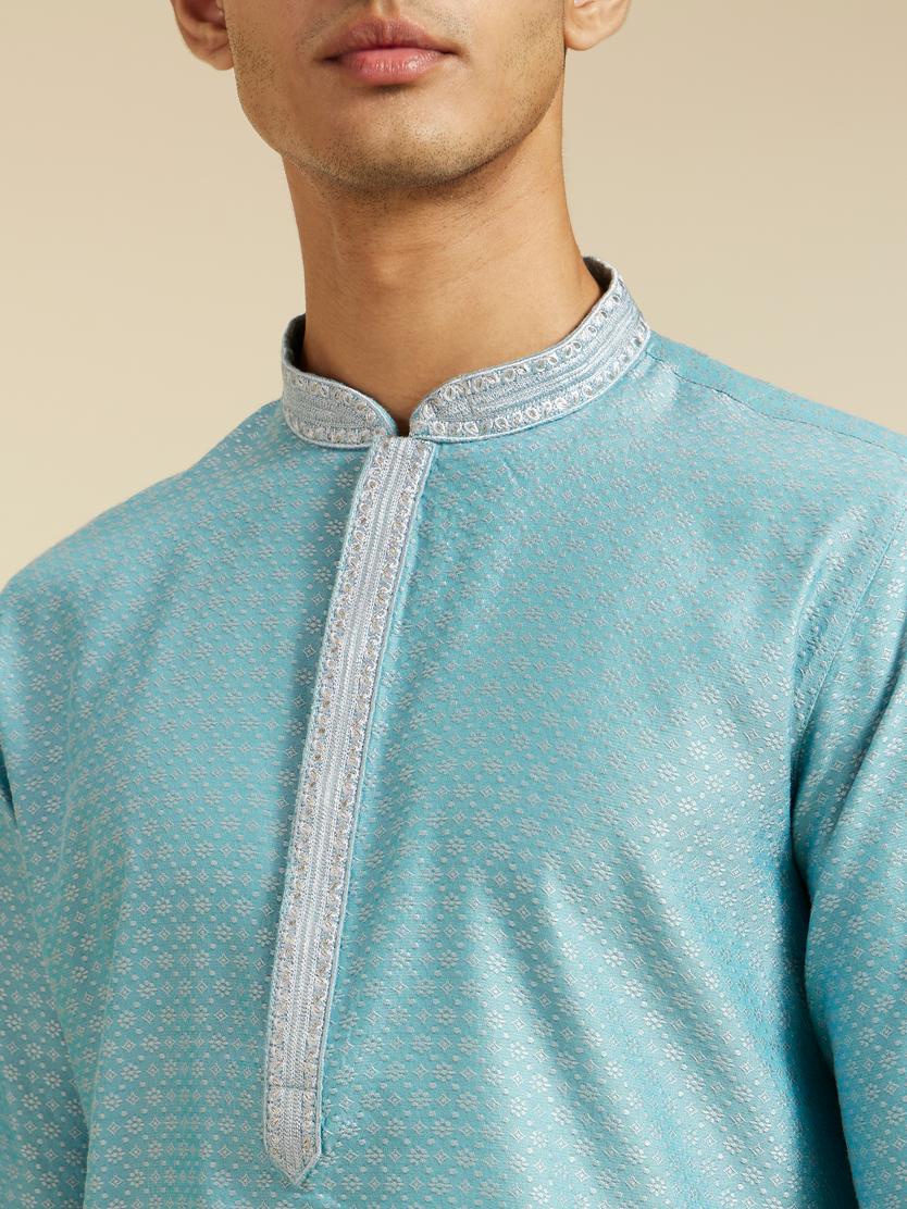 Diwas Men Powder Blue Floral Buta Patterned Kurta with Sequinned Neckline