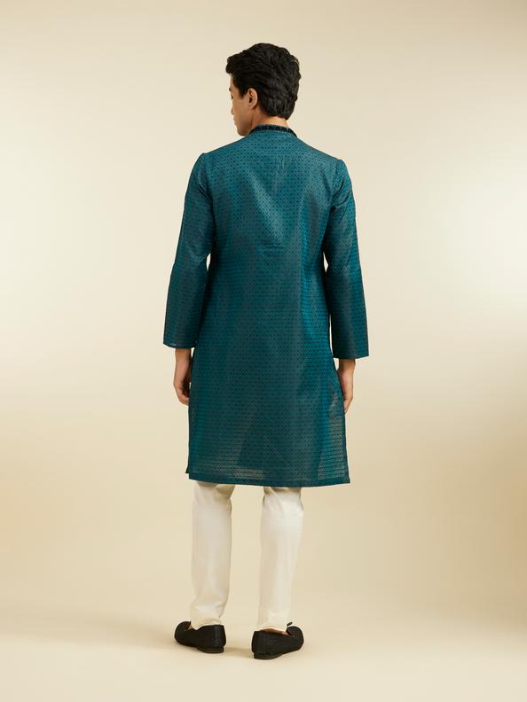 Diwas Men Teal Green Floral Buta Patterned Kurta with Sequinned Neckline