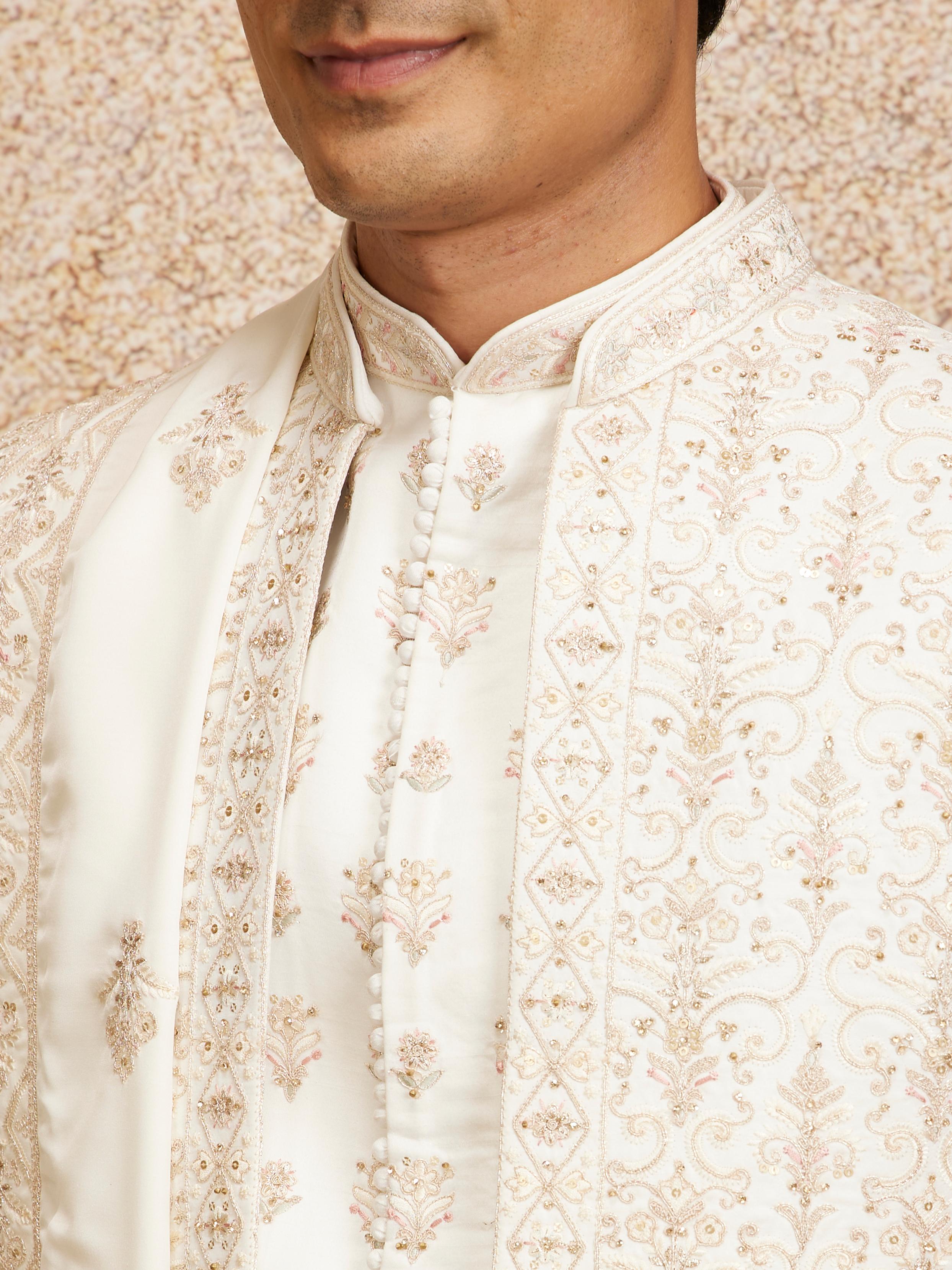 Twamev Men Warm White Satin Sherwani with Zari Embellishments