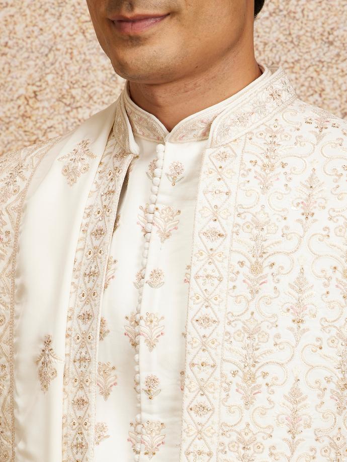 Twamev Men Warm White Satin Sherwani with Zari Embellishments