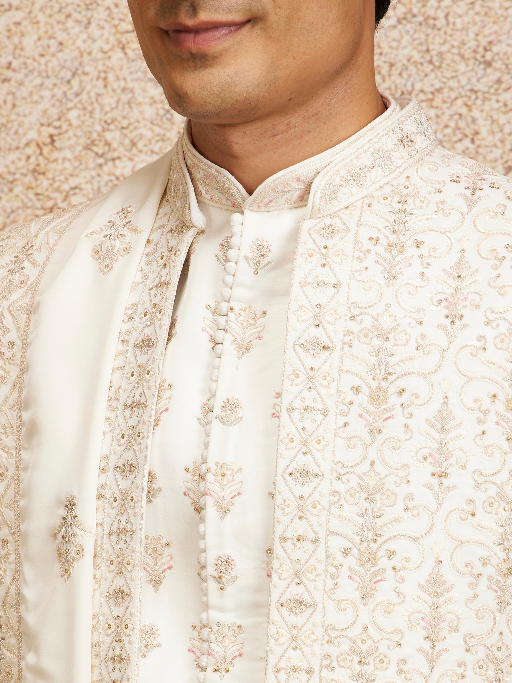 Twamev Men Warm White Satin Sherwani with Zari Embellishments