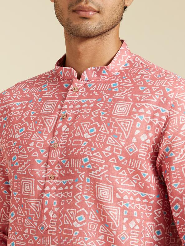 Diwas Men Coral Peach Aztec Printed Kurta