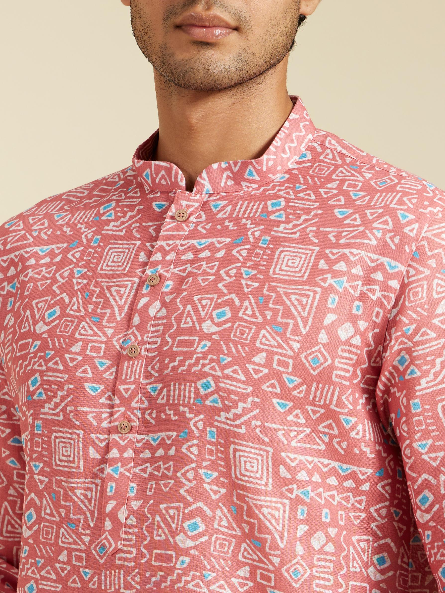 Diwas Men Coral Peach Aztec Printed Kurta