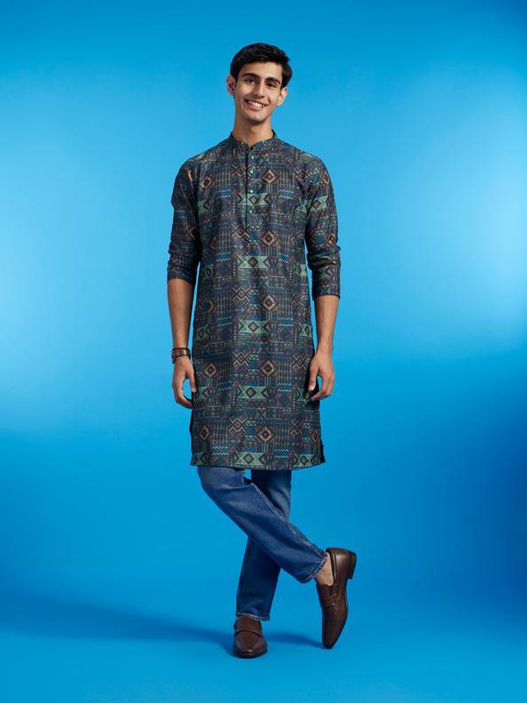 Diwas Men Teal Blue Aztec Printed Kurta
