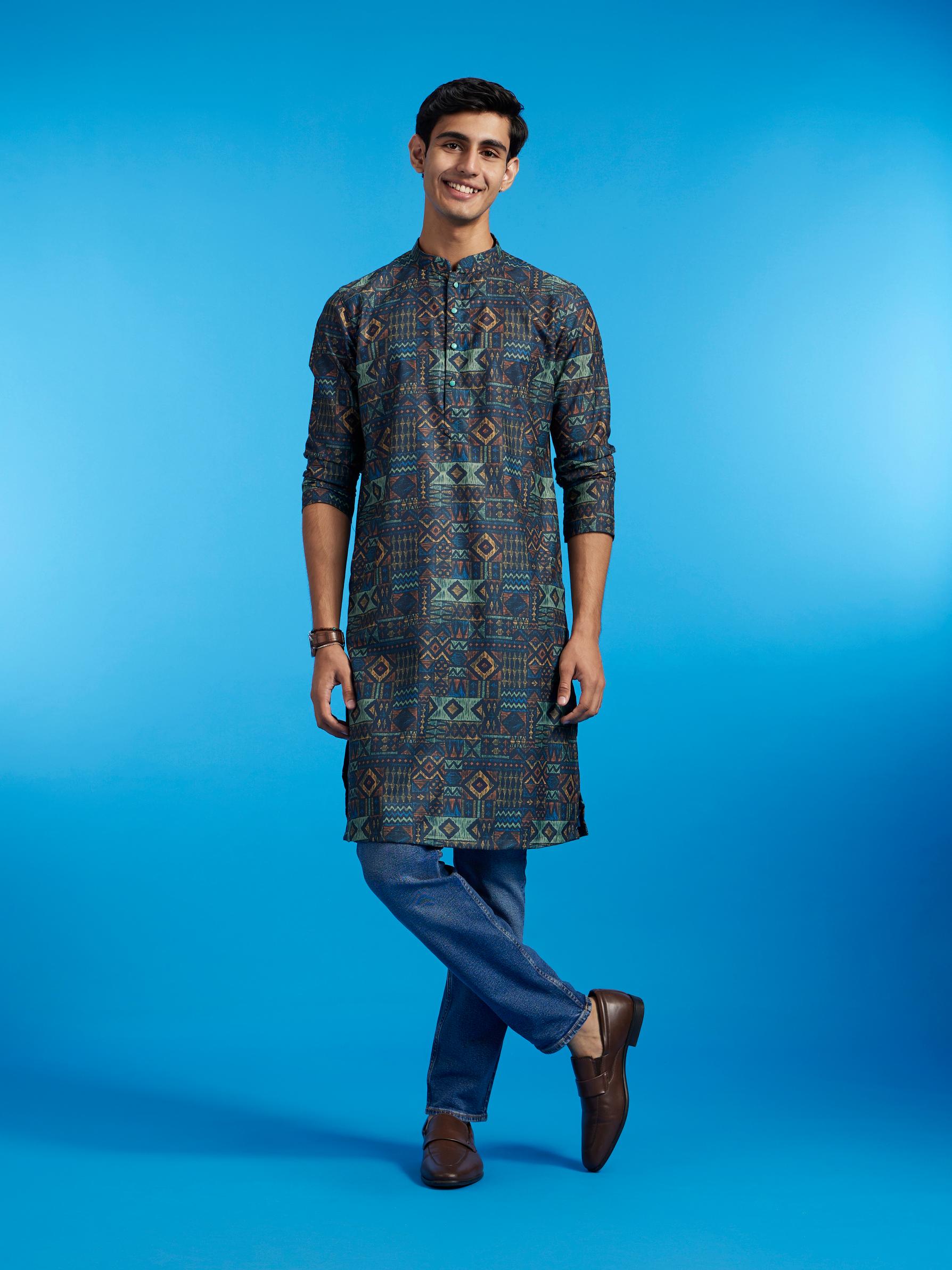 Diwas Men Teal Blue Aztec Printed Kurta