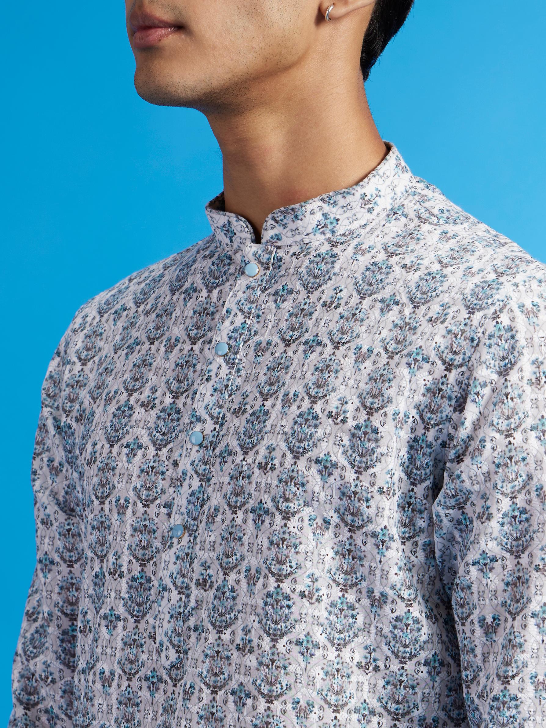 Diwas Men White & Aqua Green Medallion Printed Kurta