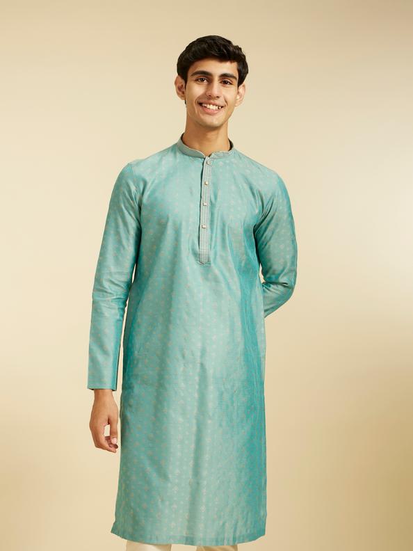 Diwas Men Aqua Green Buta Patterned Kurta with Striped Neckline