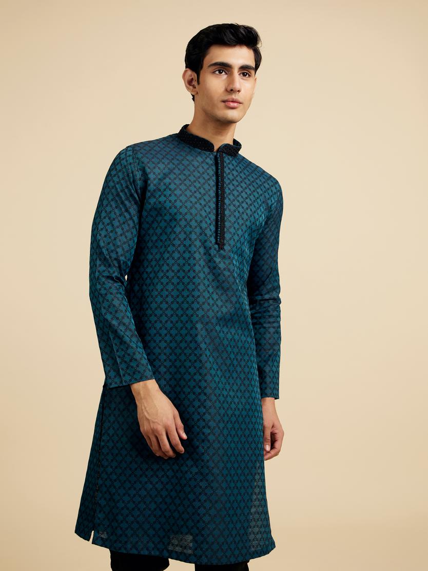 Diwas Men Teal Green Grid Patterned Kurta