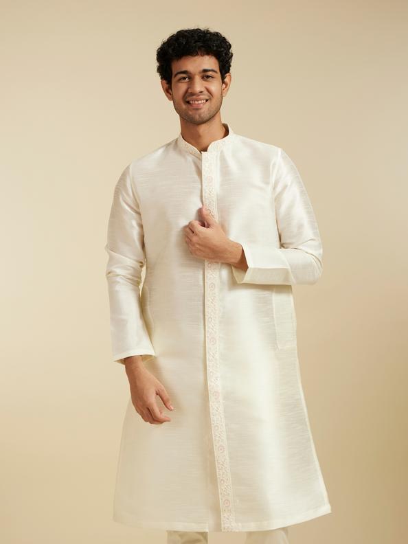 Diwas Men Warm White Self Textured Kurta with Embroidered Placket