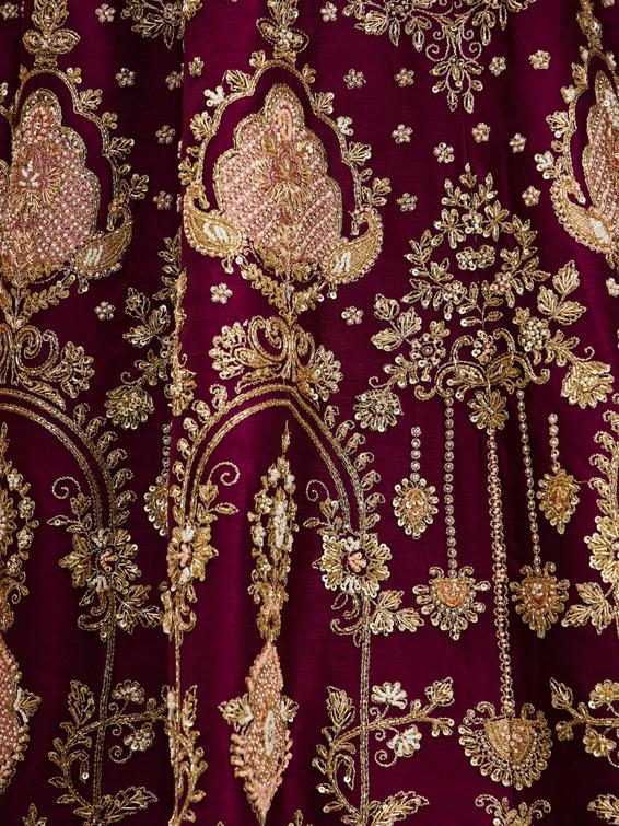Twamev Women Wine Purple Zari Embroidered Lehenga with Medallion And Buta Motifs