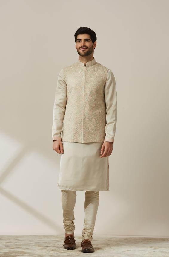 Twamev Men Pista Patterned Kurta Jacket Set