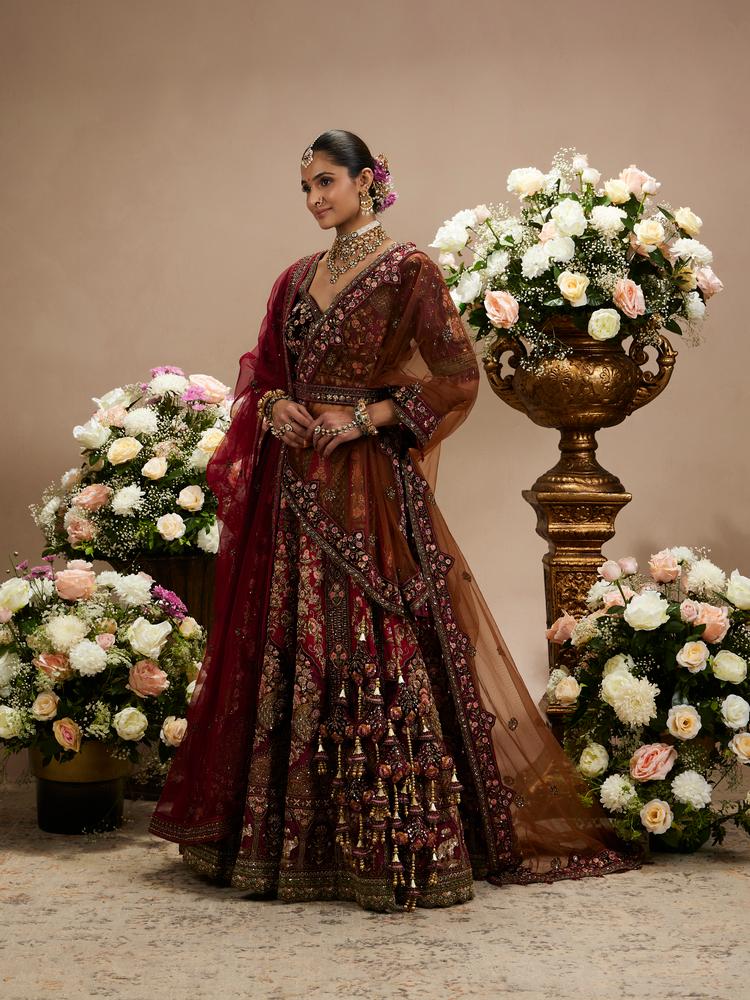 Twamev Women Maroon Red Jhallar Patterned Lehenga with Floral, Elephant Motifs And Sequin Work