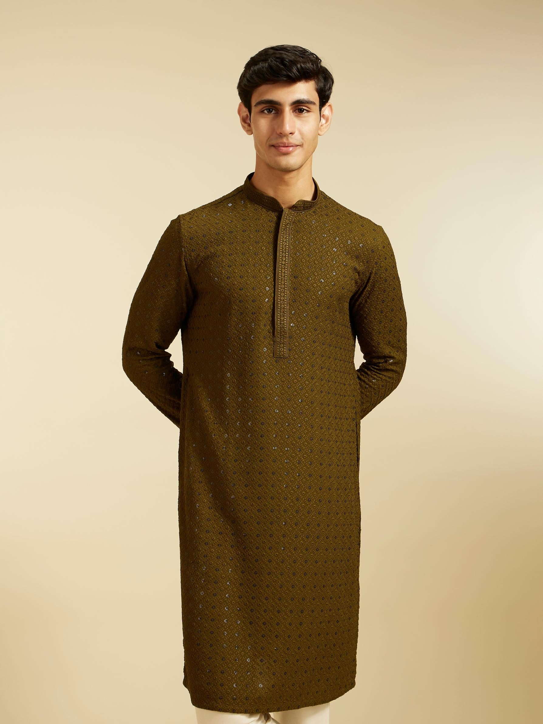 Diwas Men Olive Green Chikankari Kurta with Sequin