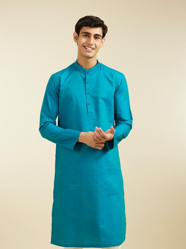 Diwas Men Turquoise Blue Linear Self Striped Kurta