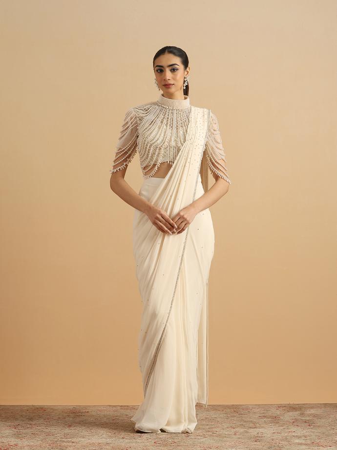 Twamev Women Cream Pearl Dream Party Saree