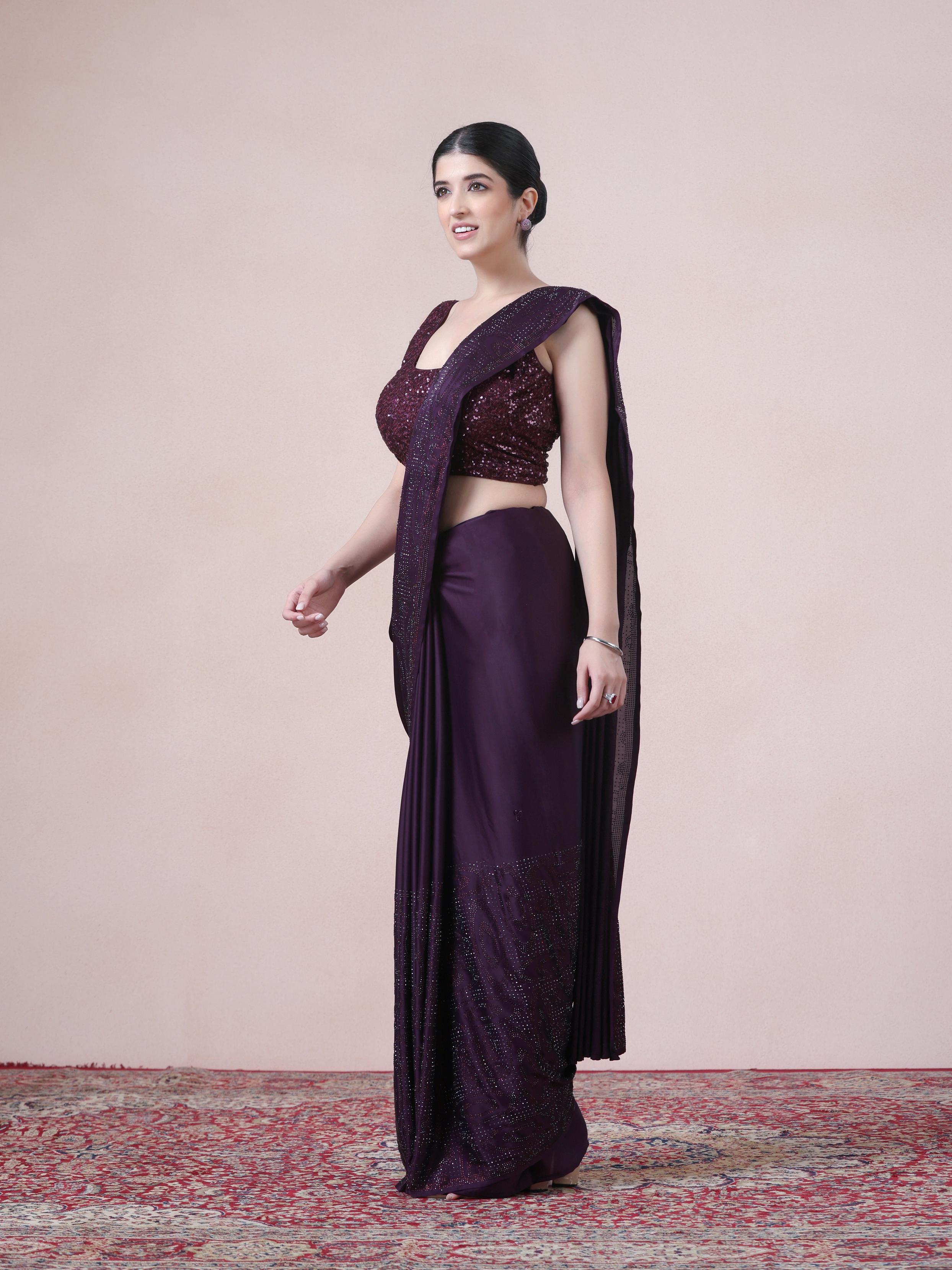Twamev Women Dazzling Dark Purple Satin Saree