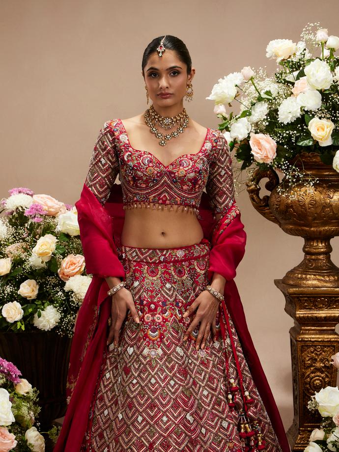 Twamev Women Tomato Red Fish Scale Patterned Lehenga with Floral Embroidery And Peacock Motifs
