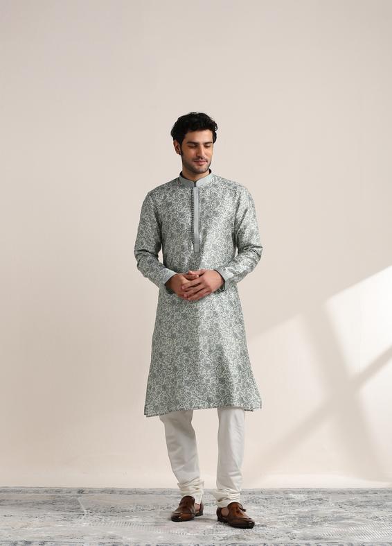 Twamev Men Pearl River Grey Printed Kurta Set