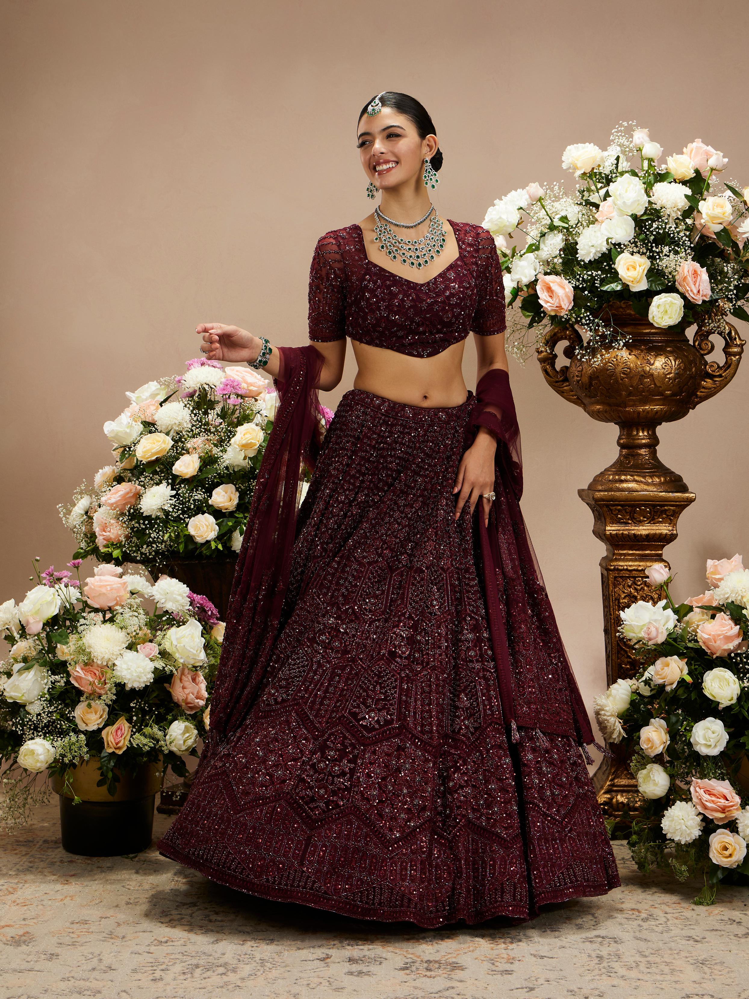 Twamev Women Wine Red Floral Jaal Embroidered Lehenga with Sequin Embellishments