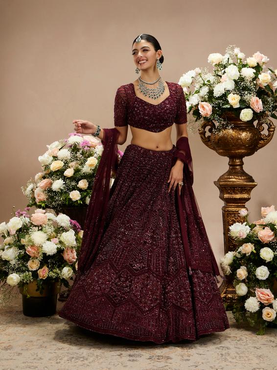 Twamev Women Wine Red Floral Jaal Embroidered Lehenga with Sequin Embellishments