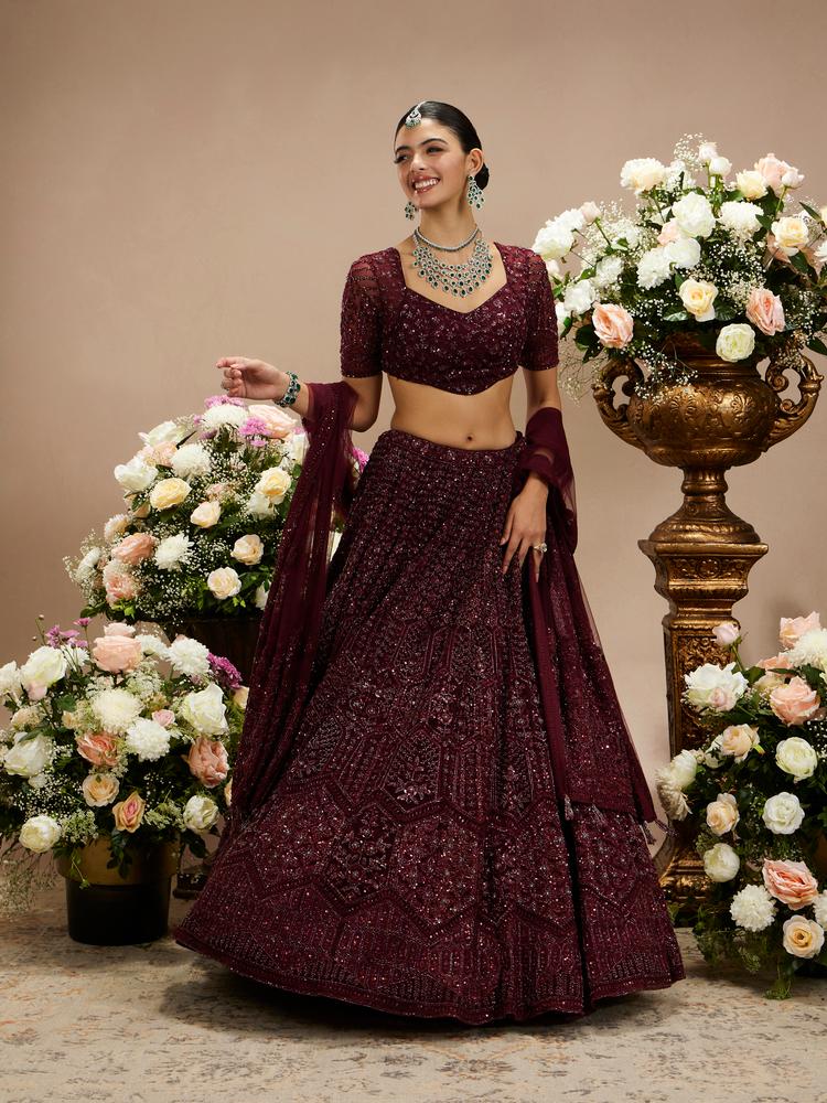 Twamev Women Wine Red Floral Jaal Embroidered Lehenga with Sequin Embellishments