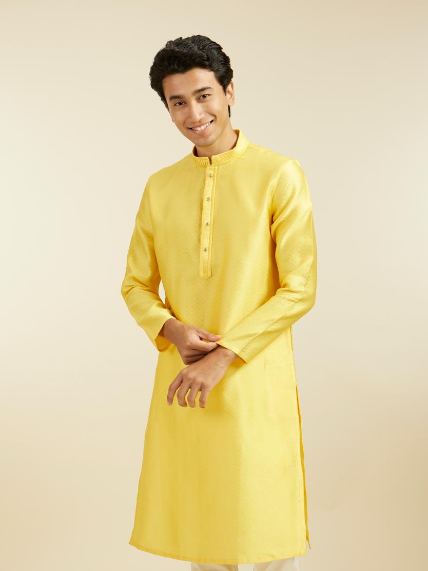 Diwas Men Buttercup Yellow Chevron Patterned Kurta