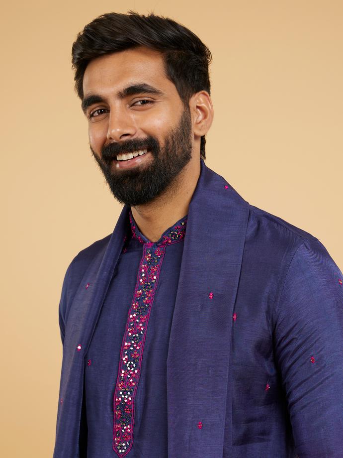 Twamev Men Royal Blue and Rani Pink Kurta Set with Dupatta