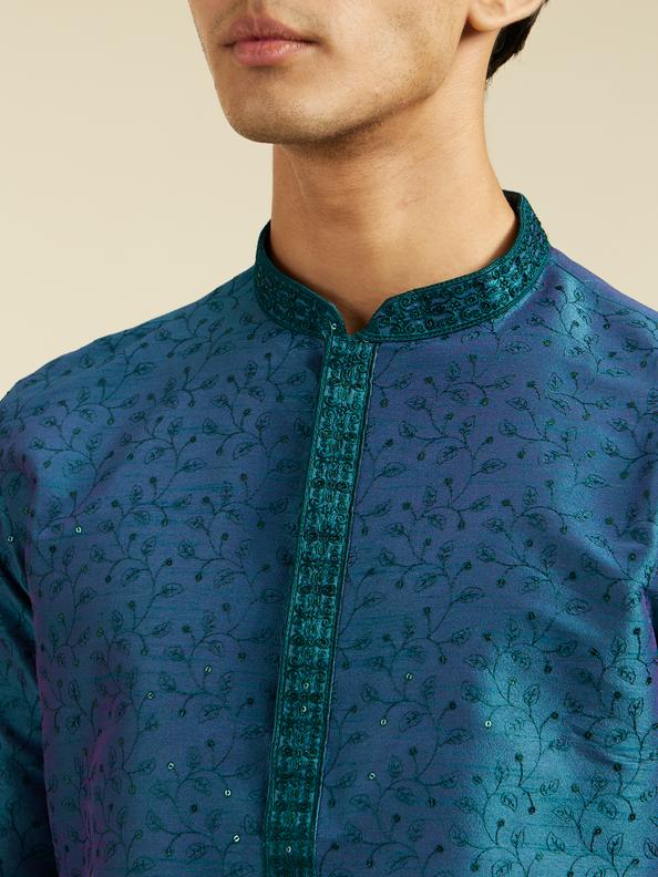 Diwas Men Teal Green Bel Embroidered Kurta with Sequin Work