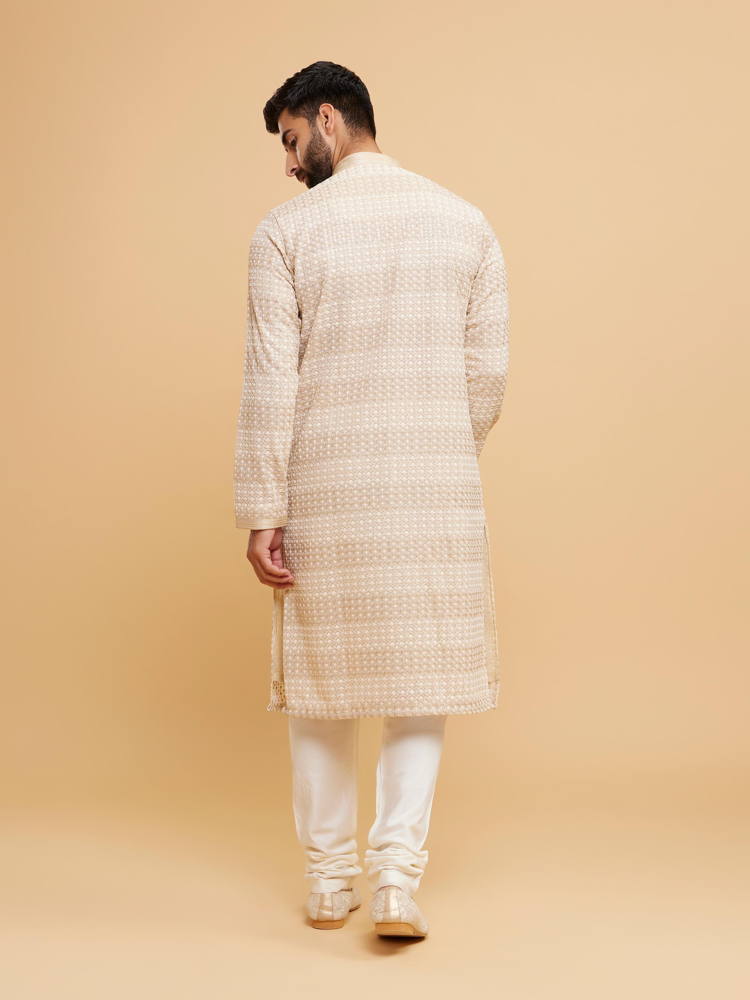 Twamev Men Radiant Beige Georgette Kurta Pajama