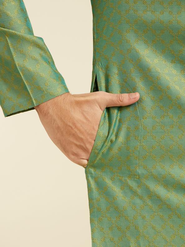 Diwas Men Forest Green Grid Patterned Kurta with Embroidered Neckline