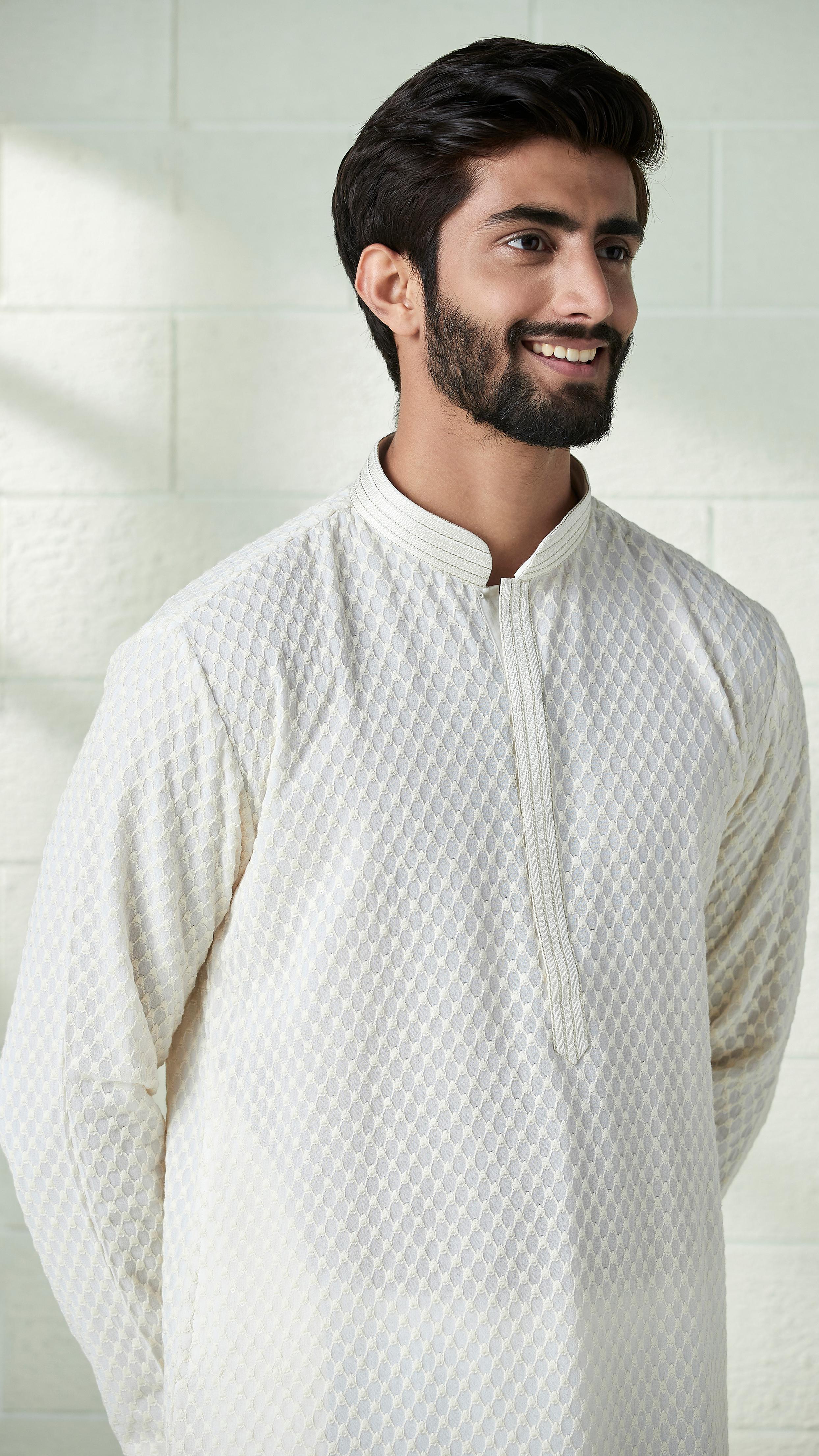 Twamev Men Ivory White Chikankari Embroidered Kurta Set