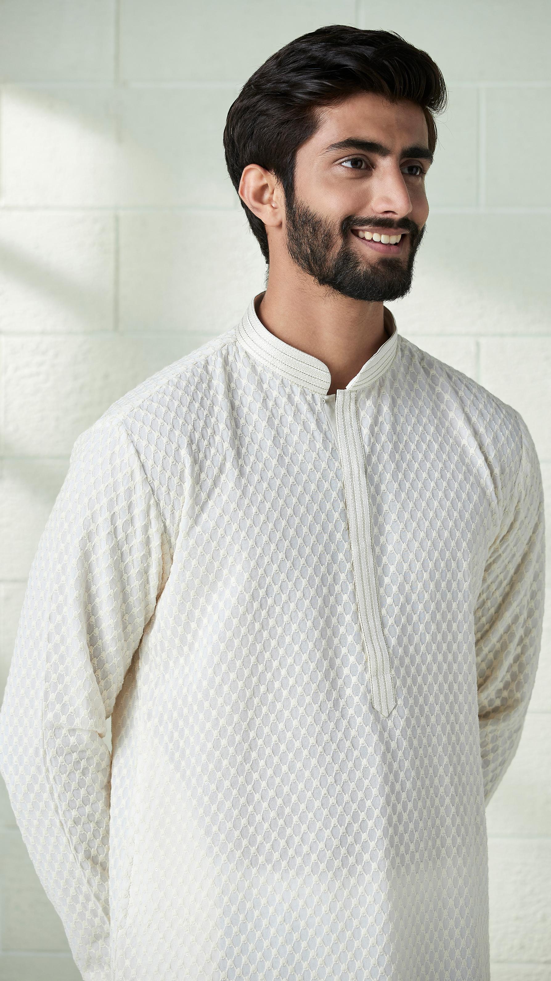 Twamev Men Ivory White Chikankari Embroidered Kurta Set
