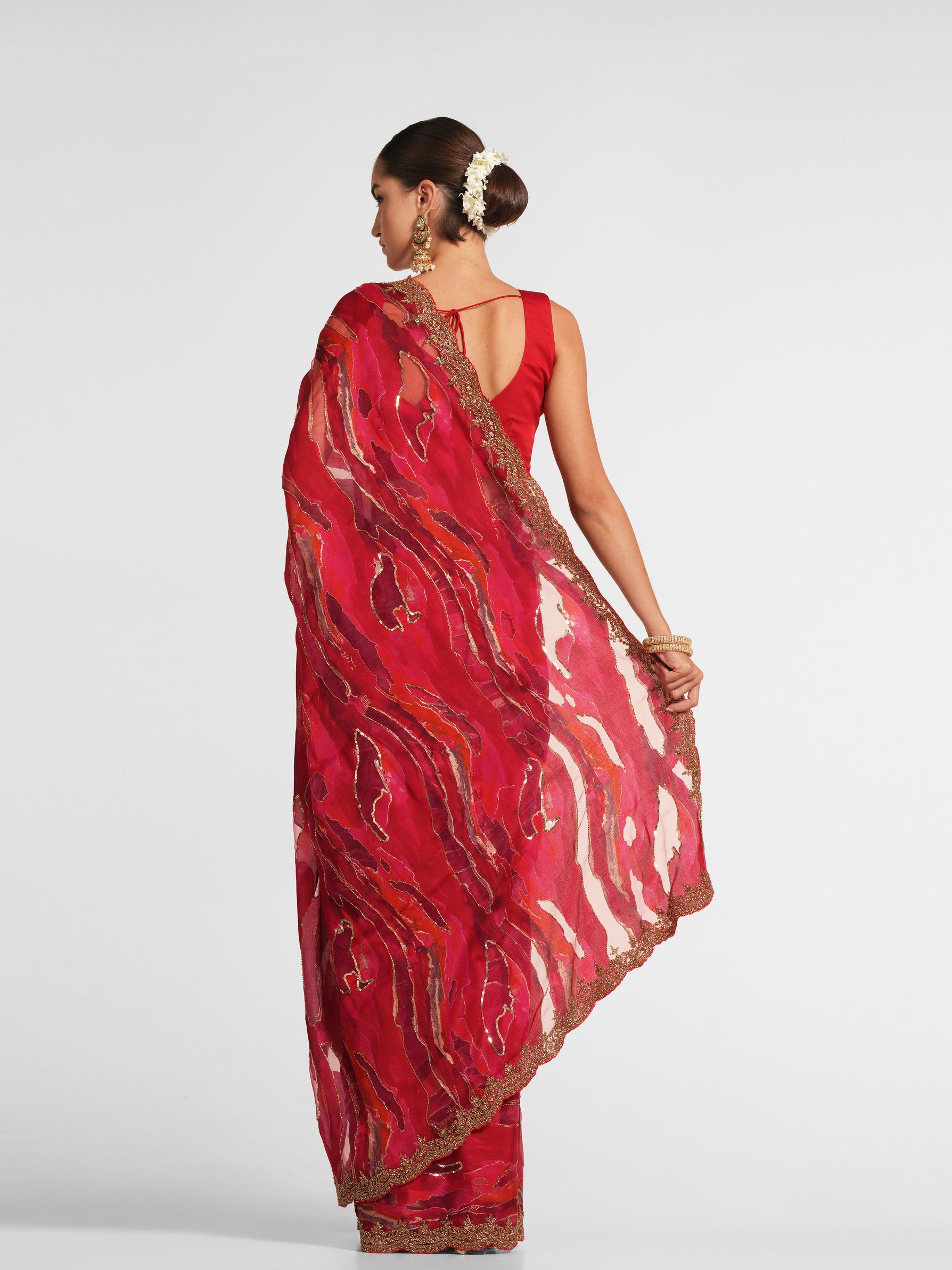 Twamev Women Fiery Red Organza Saree