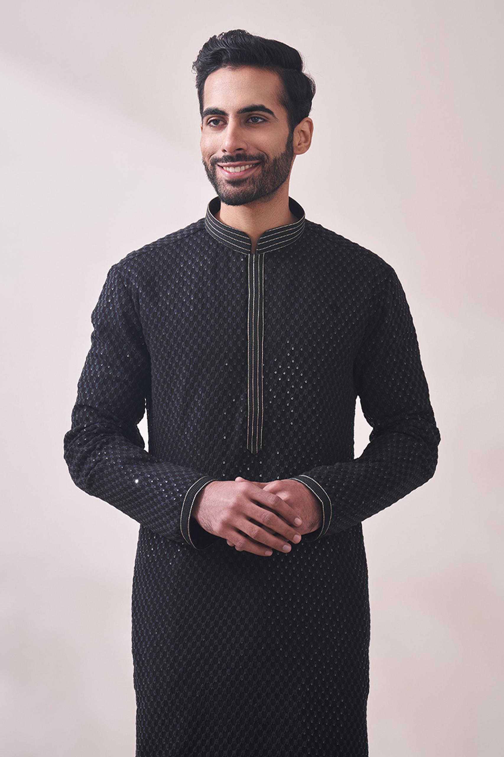 Twamev Men Midnight Black Chikanakri Kurta Set