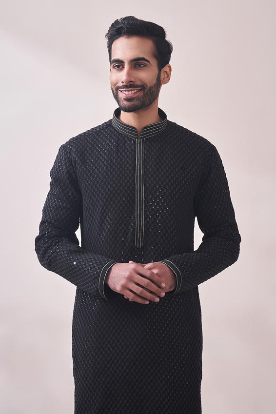 Twamev Men Midnight Black Chikanakri Kurta Set