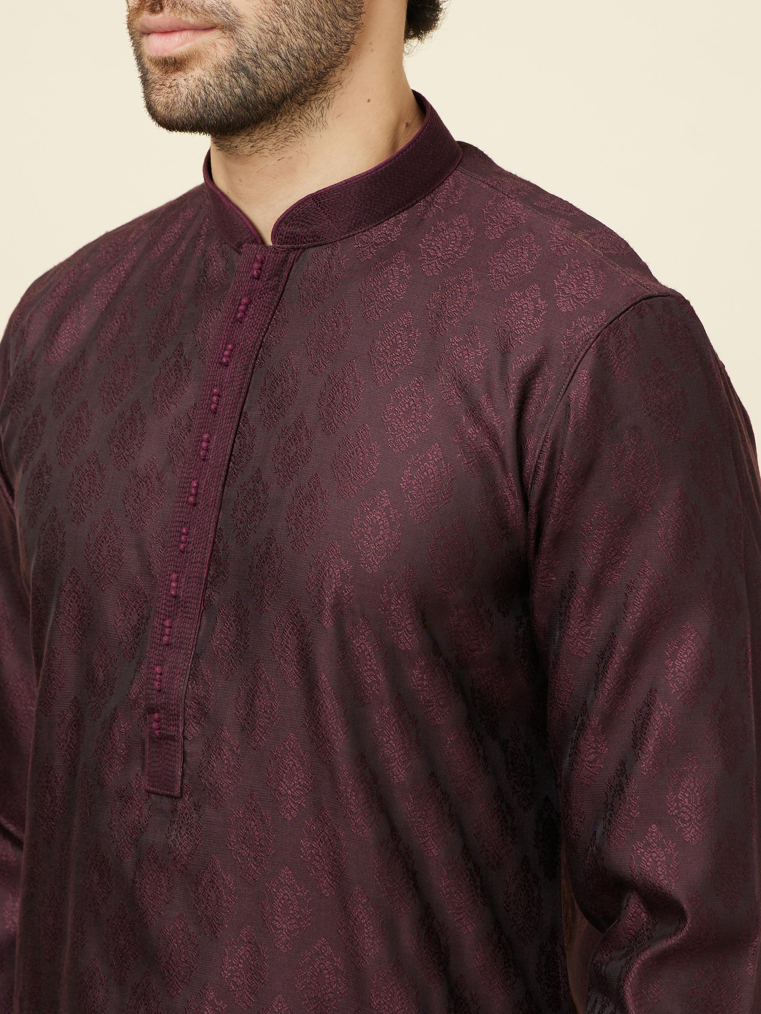 Twamev Men Wine Jacquard Kurta Set